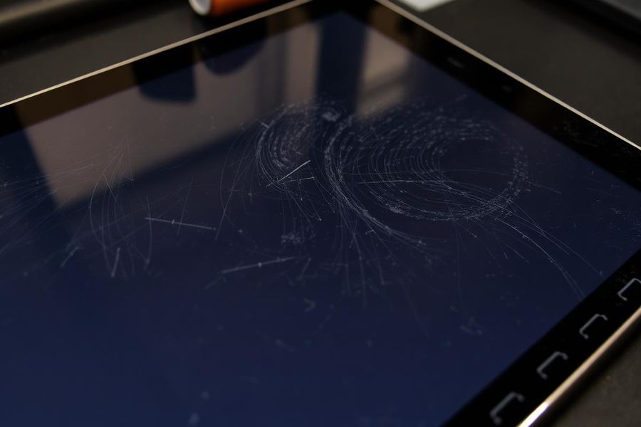 Displej tabletu iPad Air s odlesky, otisky a škrábanci před aplikací fólie